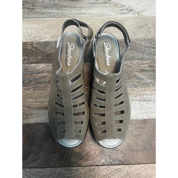 SKECHERS Parallel Trapezoid Wedge Sandal Tan 8.5 Peep Toe Suede Leather NWOT - Picture 1 of 7